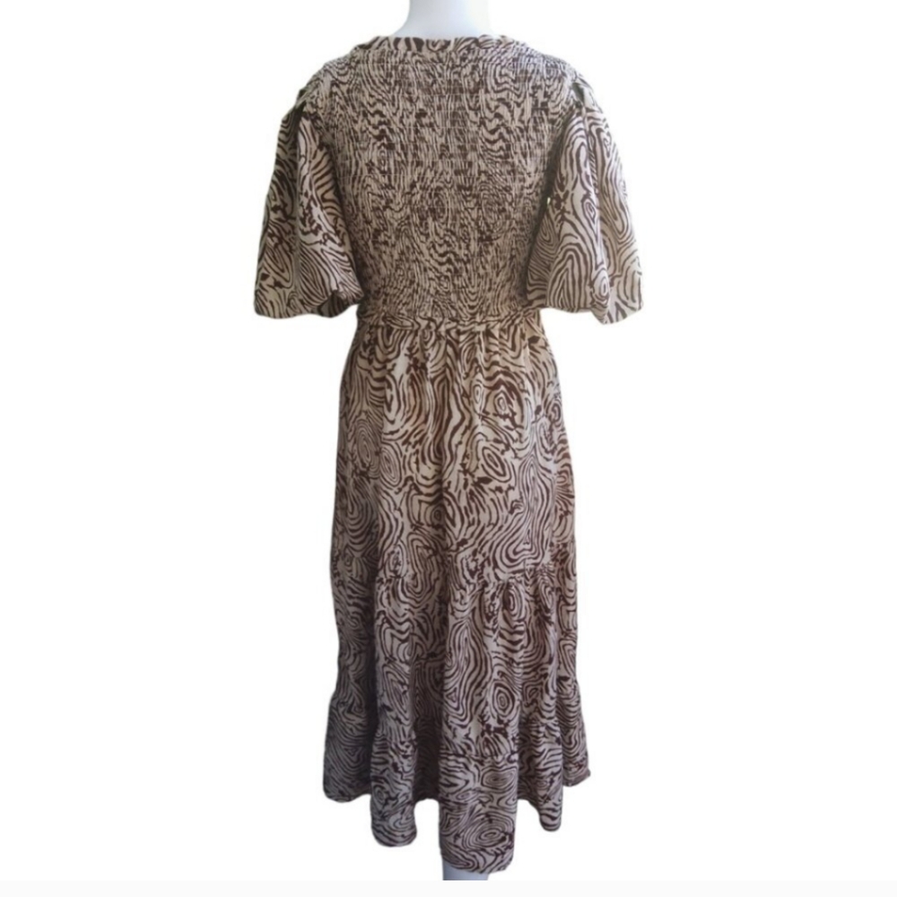 Anthropologie Moon River Smocked Puff Sleeve Midi Dress in Chocolate Swirl Print - Picture 8 of 11